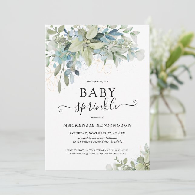 Convite Letra Chic Eucalyptus Greenery Baby Sprinkle (Em pé/Frente)