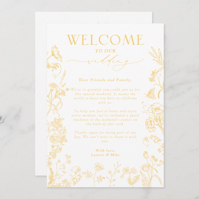 Convite Letra de Boas-vindas da Chinoiserie Dourada e Itin (Frente/Verso)