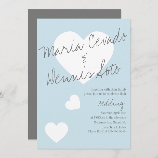 Convite Letra de Coração Flutuante Manuscrito Casado Cinza (Frente/Verso)