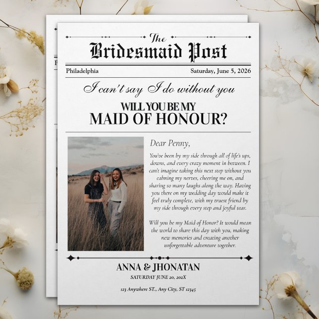 Convite Letra de Foto do Jornal de Proposta Bridesmaid (Bridesmaid Proposal Newspaper Photo Retro Invitation)