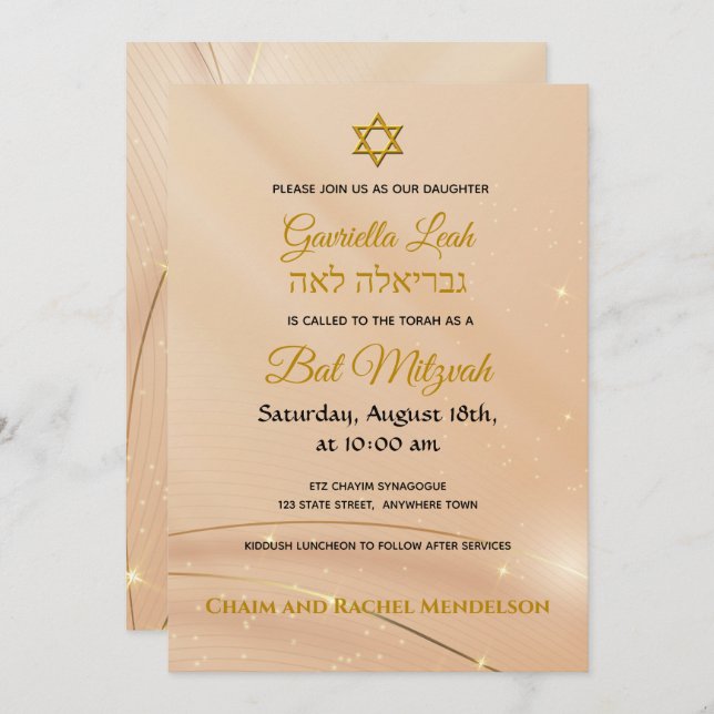 Convite Letra Dourada em Cream Satin Jewish Bat Mitzvah (Frente/Verso)