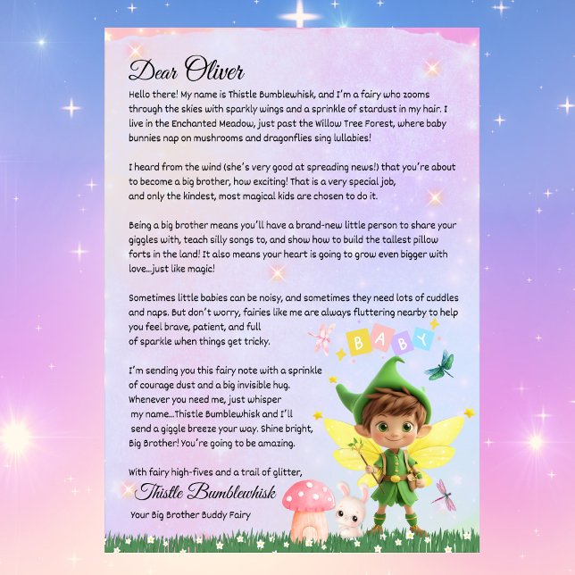Convite Letra Fada Personalizada Custa para o Big Brother (Personalized Fairy Letter for Big Brother, Cute Boy Fairy Magical New Sibling Encouragement Letter)