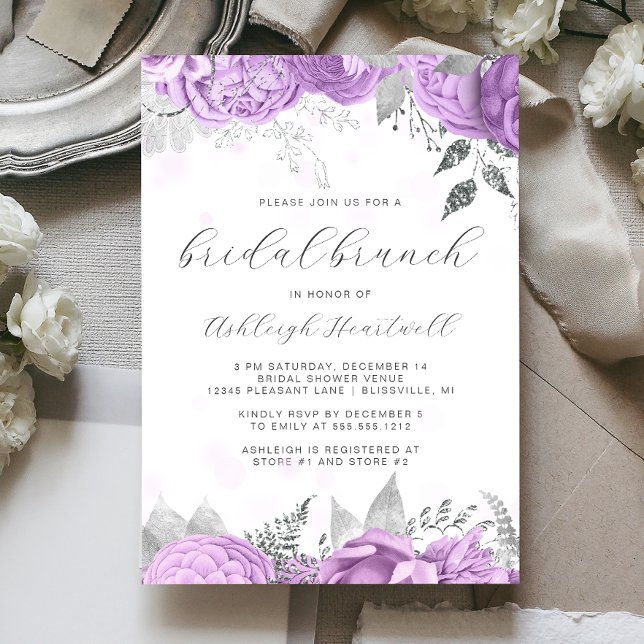 Convite Letra Floral Lilac Silver Bridal Brunch (Criador carregado)