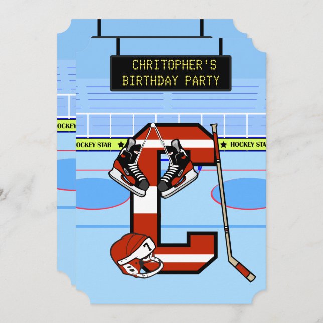 Convite Letra inicial personalizada C Hóquei no gelo (Frente/Verso)