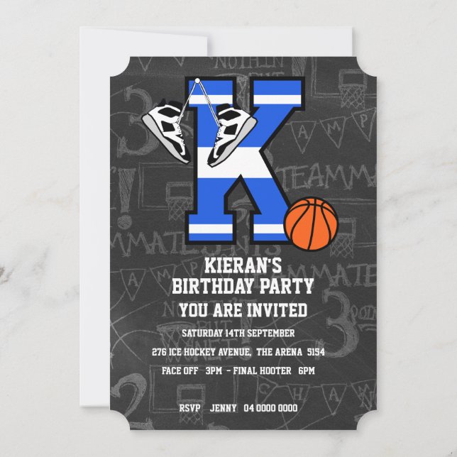 Convite Letra Inicial Personalizada de Basquetebol k (Verso)