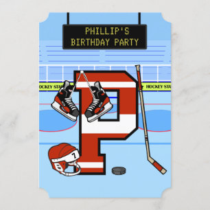 Convite Letra inicial personalizada P Hockey com gelo