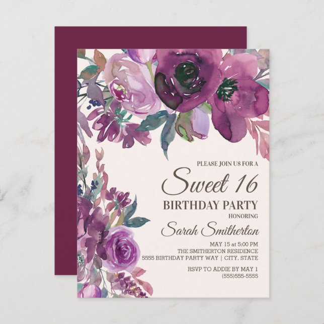Convite Letra Lilac Plum Purple Floral, Letra, Sweet 16 (Frente/Verso)