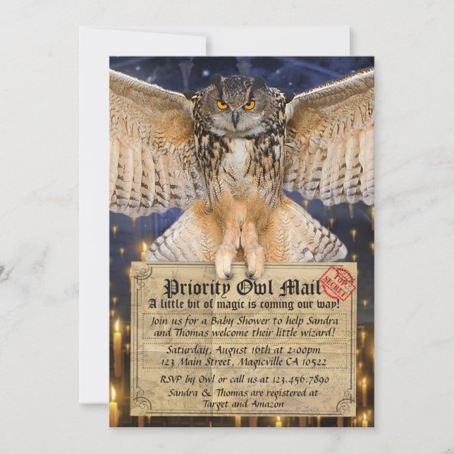 Convite Letra Magic Owl Mail para um Chá de fraldas do Ass (Frente)