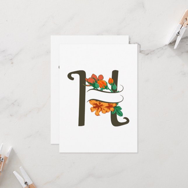 Convite Letra maiúscula H monograma floral (Frente/Verso In Situ)