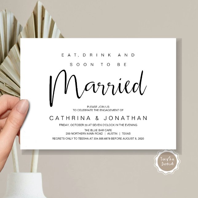 Convite Letra Mão, Script Preto, Festa de noivado (Modern Script, Engagement Dinner Party Invitation Card, Eat, Drink, Soon To Be Married, Black White)