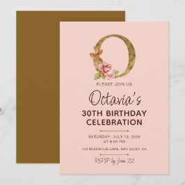 Convite Letra O Monograma Dourado Rosas Rosa Bege