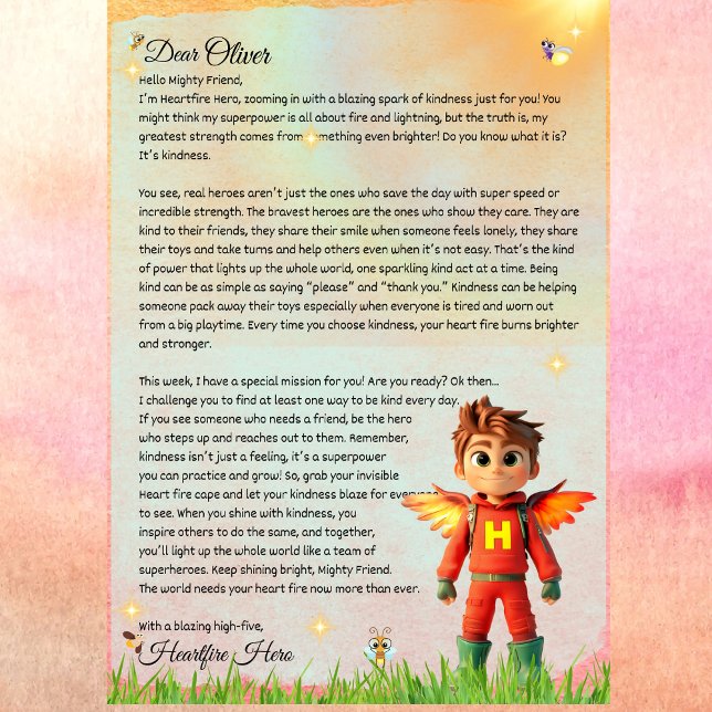 Convite Letra Personalizada de Bondade de Super Herói Impr (Heartfire Hero Superhero Letter for Kids – Kindness Mission Printable)
