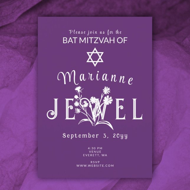 Convite Letras de Flor Selvagem de Bat Roxo Mitzvah (plum purple floral bat mitzvah party invitations botanical wild flowers spring summer springtime)