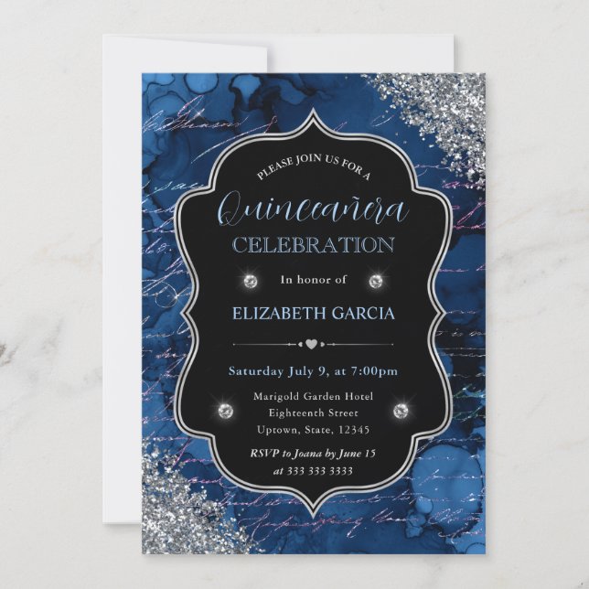 Convite Letras de Sereia Brilho Azul Profundo Quinceanera (Frente)