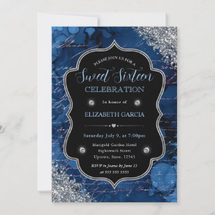 Convite Letras de Sereia Brilho Azul Profundo Sweet 16