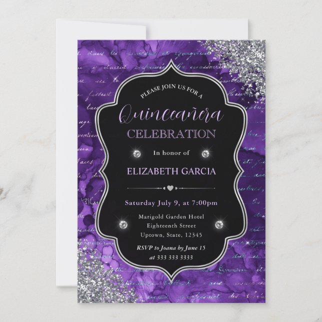 Convite Letras de Sereia com Brilho Roxo Quinceanera (Frente)