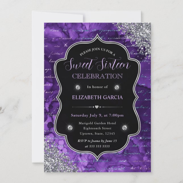 Convite Letras de Sereia com Brilho Roxo Sweet 16 (Frente)