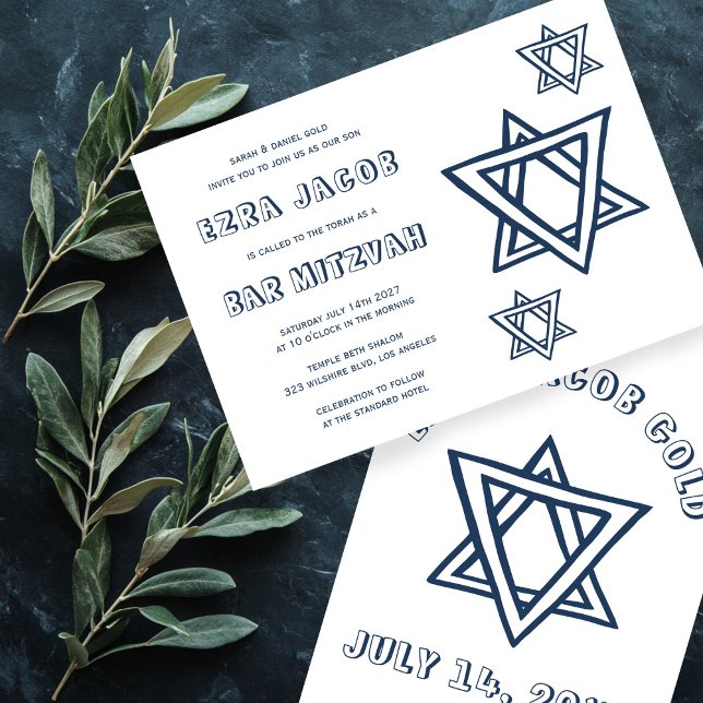 Convite LETRAS DESTACADAS ESTRELA DE DAVI Personalizado BA (OUTLINE LETTERS STAR OF DAVID Custom BAR Mitzvah Invitation
)