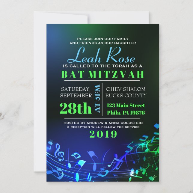 Convite Letras e Notas Hebraicas brilhantes Bat Mitzvah (Frente)