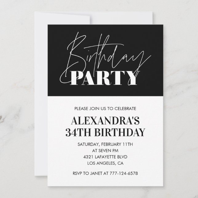 Convite Letras Elegantes Chic Preto Branco 34º aniversário (Frente)