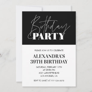 Convite Letras Elegantes Chic Preto Branco 39º aniversário