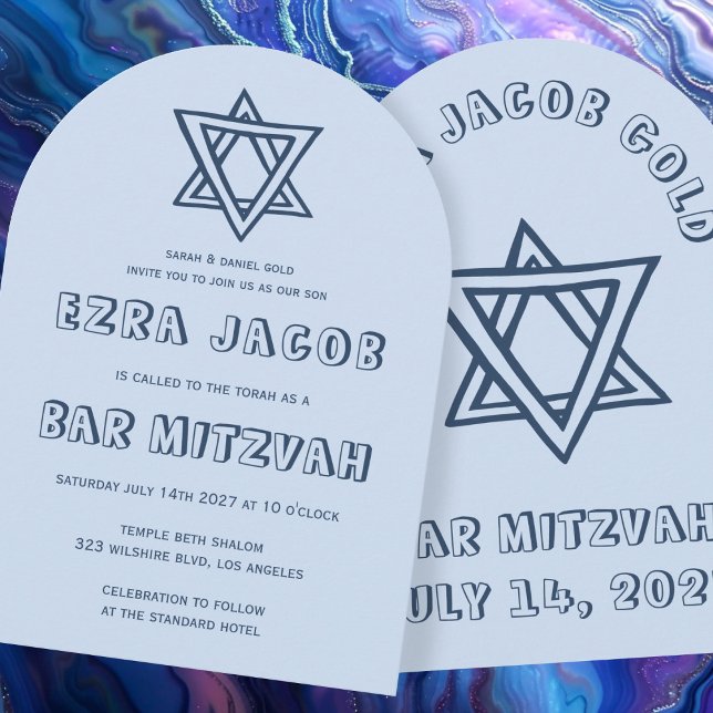 Convite LETRAS EXTERIORES Bar Personalizado do Arch STAR M (OUTLINE LETTERS STAR of David Arch Custom Bar Bat Bnai Mitzvah Invitation
)