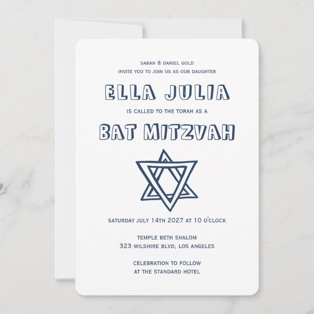 Convite LETRAS EXTERNAS DE DAVID Custom Bat Mitzvah (Frente)