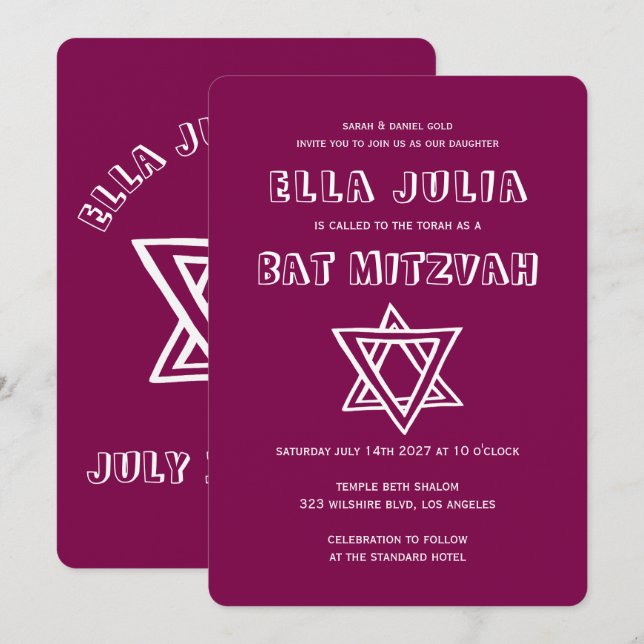 Convite LETRAS EXTERNAS DE DAVID Custom Bat Mitzvah (Frente/Verso)