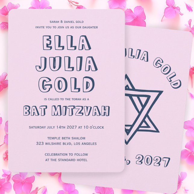 Convite LETRAS EXTERNAS DE DAVID Custom Bat Mitzvah (OUTLINE LETTERS STAR OF DAVID Custom Pink Bat Mitzvah Invitation
)