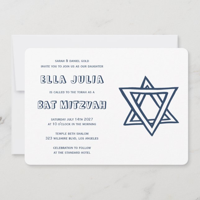 Convite LETRAS EXTERNAS DE DAVID Custom Bat Mitzvah (Frente)