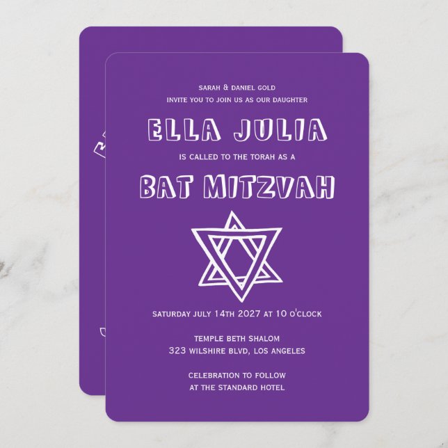 Convite LETRAS EXTERNAS DE DAVID Custom Bat Mitzvah (Frente/Verso)