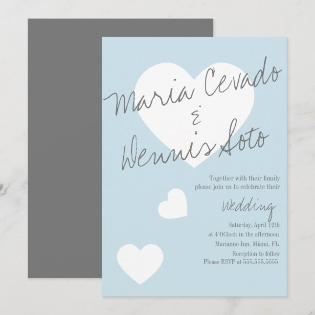 Convite Letreiro Flutuante de Coração Casamento Azul Cinza (Frente/Verso)