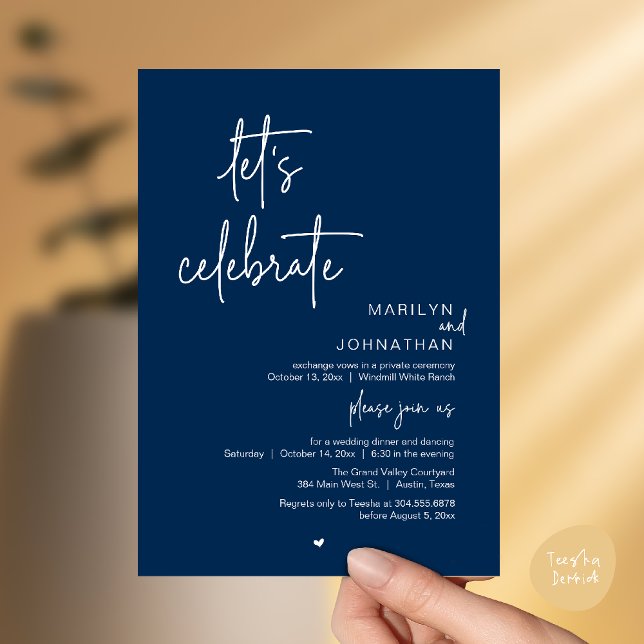 Convite Let's Celebrate, Minimal Modern Wedding Reception (Let's Celebrate, Modern Minimal Wedding Reception dinner dancing Invitation card navy blue)