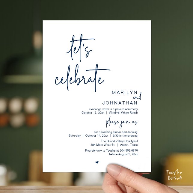 Convite Let's Celebrate, Minimal Modern Wedding Reception (Let's Celebrate, Modern Minimal Wedding Reception dinner dancing Invitation card navy blue)
