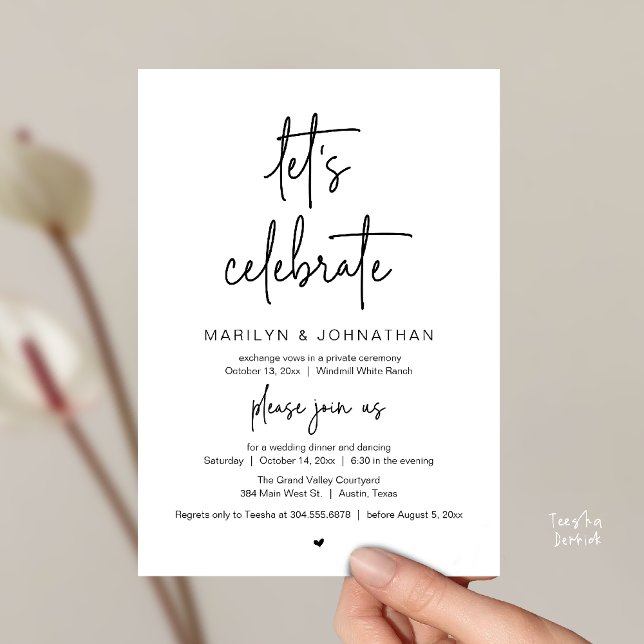 Convite Let's Celebrate, Modern Minimal Wedding Reception (Let's Celebrate, Modern Minimal Wedding Reception dinner dancing Invitation card black and white)