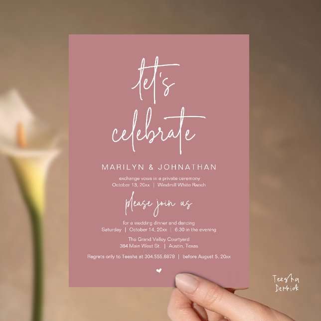 Convite Let's Celebrate, Modern Minimal Wedding Reception (Let's Celebrate, Modern Minimal Wedding Reception dinner dancing Invitation card dusty rose pink)