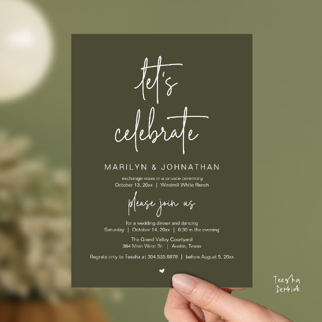 Convite Let's Celebrate, Modern Minimal Wedding Reception (Let's Celebrate, Modern Minimal Wedding Reception dinner dancing Invitation card olive green)
