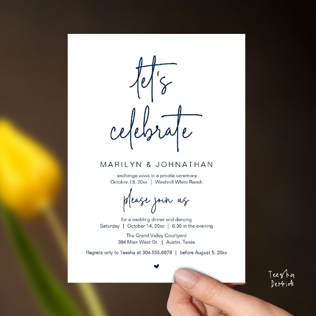 Convite Let's Celebrate, Modern Minimal Wedding Reception (Let's Celebrate, Modern Minimal Wedding Reception dinner dancing Invitation card navy blue)