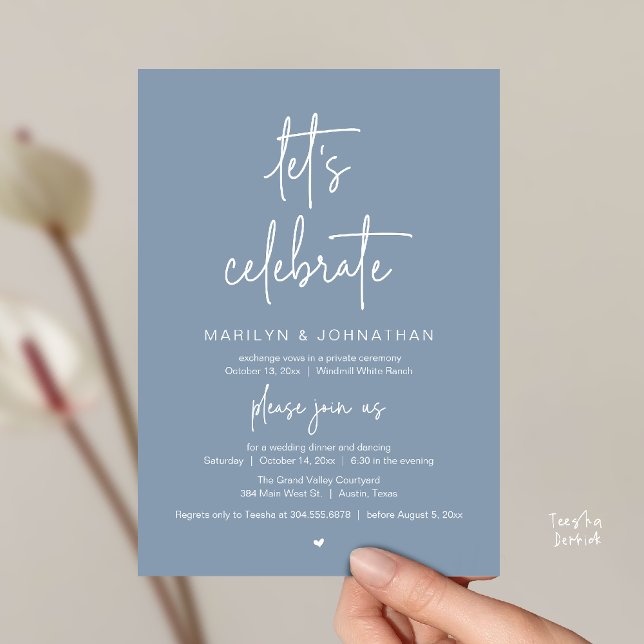 Convite Let's Celebrate, Modern Minimal Wedding Reception (Let's Celebrate, Modern Minimal Wedding Reception dinner dancing Invitation card dusty blue)