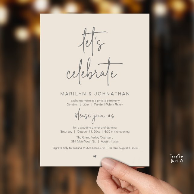 Convite Let's Celebrate, Modern Minimal Wedding Reception (Let's Celebrate, Modern Minimal Wedding Reception dinner dancing Invitation card cream grey)