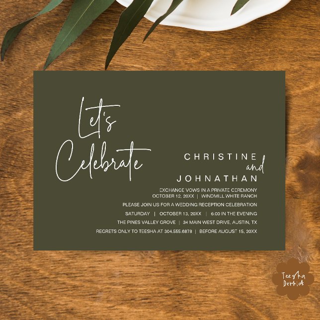 Convite Let's Celebrate, Wedding Elopement Dinner Party (Let's Celebrate, modern minimal Wedding Elopement Dinner Party Invitation card in olive green)