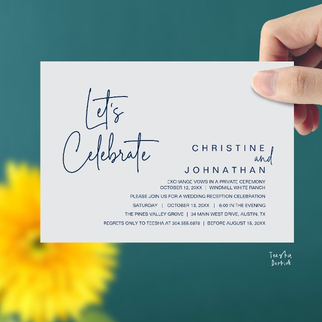 Convite Let's Celebrate, Wedding Elopement Dinner Party (Let's Celebrate, modern minimal Wedding Elopement Dinner Party Invitation card in navy blue grey)
