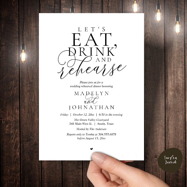 Convite "Let's eat, drink and rehearse", Rehearsal Dinner ("Let's eat, drink and rehearse", Rehearsal Dinner Invitation card in black and white)