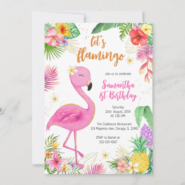 Convite Let's Flamingle Pink Girl Tropical Birthday (Frente)