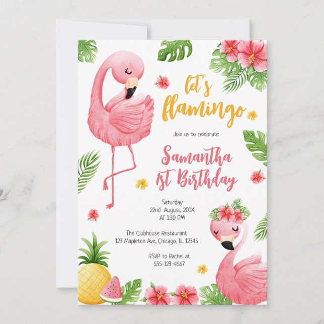 Convite Let's Flamingle Pink Girl Tropical Birthday (Frente)