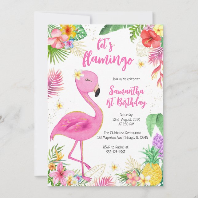 Convite Let's Flamingle Pink Girl Tropical Birthday (Frente)