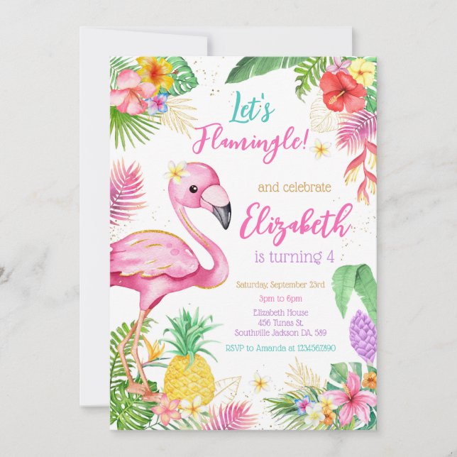 Convite Let's Flamingo Flamingle Tropical Birthday  (Frente)