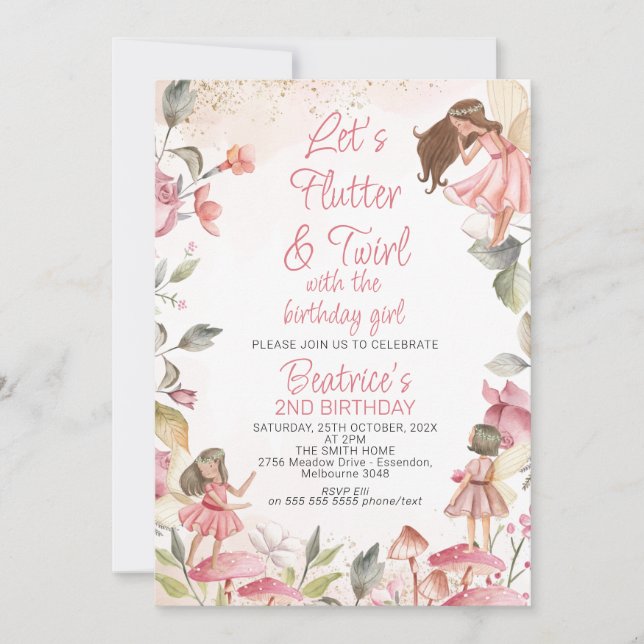 Convite Lets Flutter and Twirl Floral Fairy Birday (Frente)