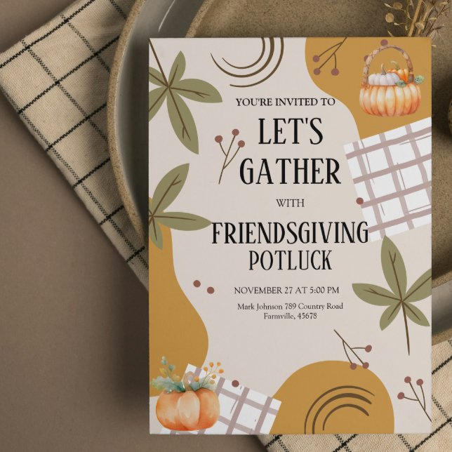 Convite Let's Gather Friendsgiving Potluck Thanksgiving  (friendsgiving thanksgiving invitations neighborhood picnic dinner feast burnt orange pumpkin freinds)