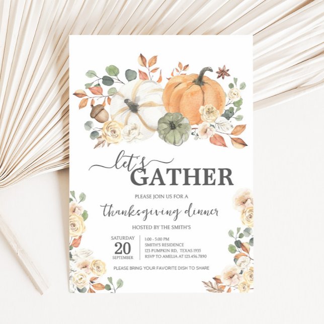 Convite Let's Gather Pumpkin Dinner Thanksgiving (Pumpkin Let's Gather Dinner Thanksgiving Invitation)
